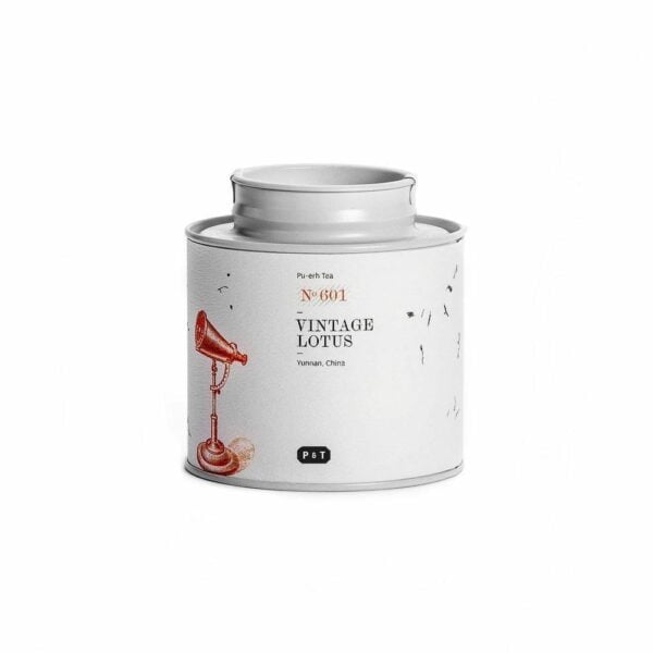 Vintage Lotus Pu-erh tea in a metal bin