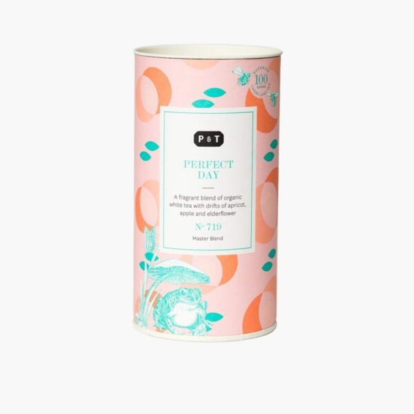 Perfect Day organic white tea in the metal tea leaf bin