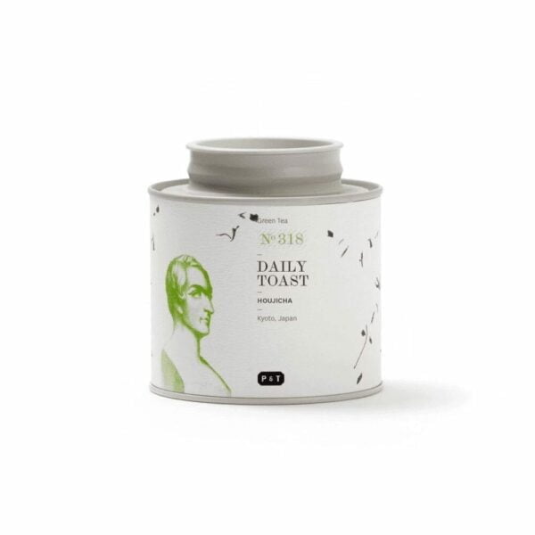Daily Toast N318 Hojicha green tea in the metal tea leaf bin