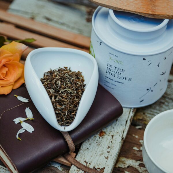 In the Mood For Love organic green tea in the metal tea leaf bin