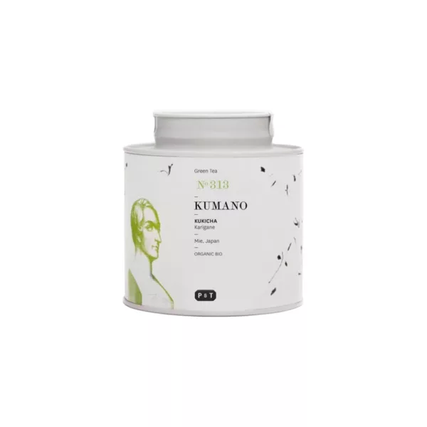 Kumano, organic japanese green tea, in the metal tea leaf bin