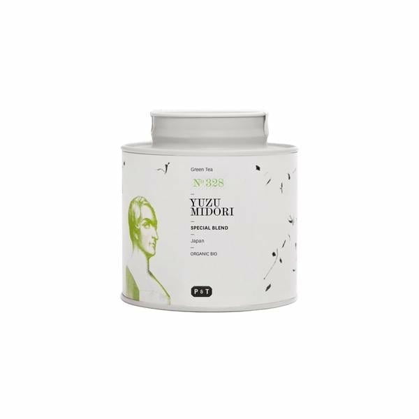 Yuzu Midori, organic japanese green tea in the metal tea leaf bin